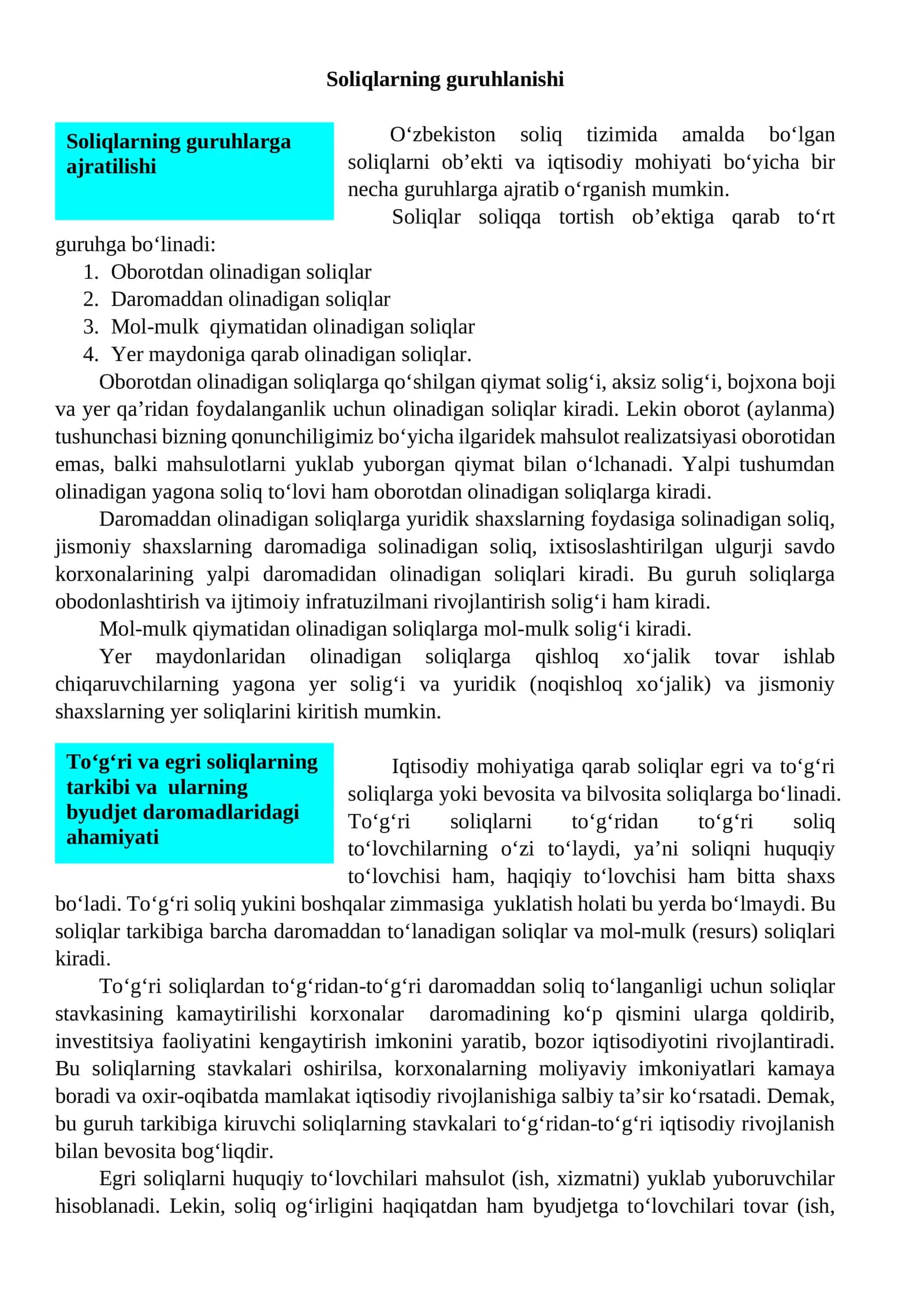 Soliqlarning guruhlanishi