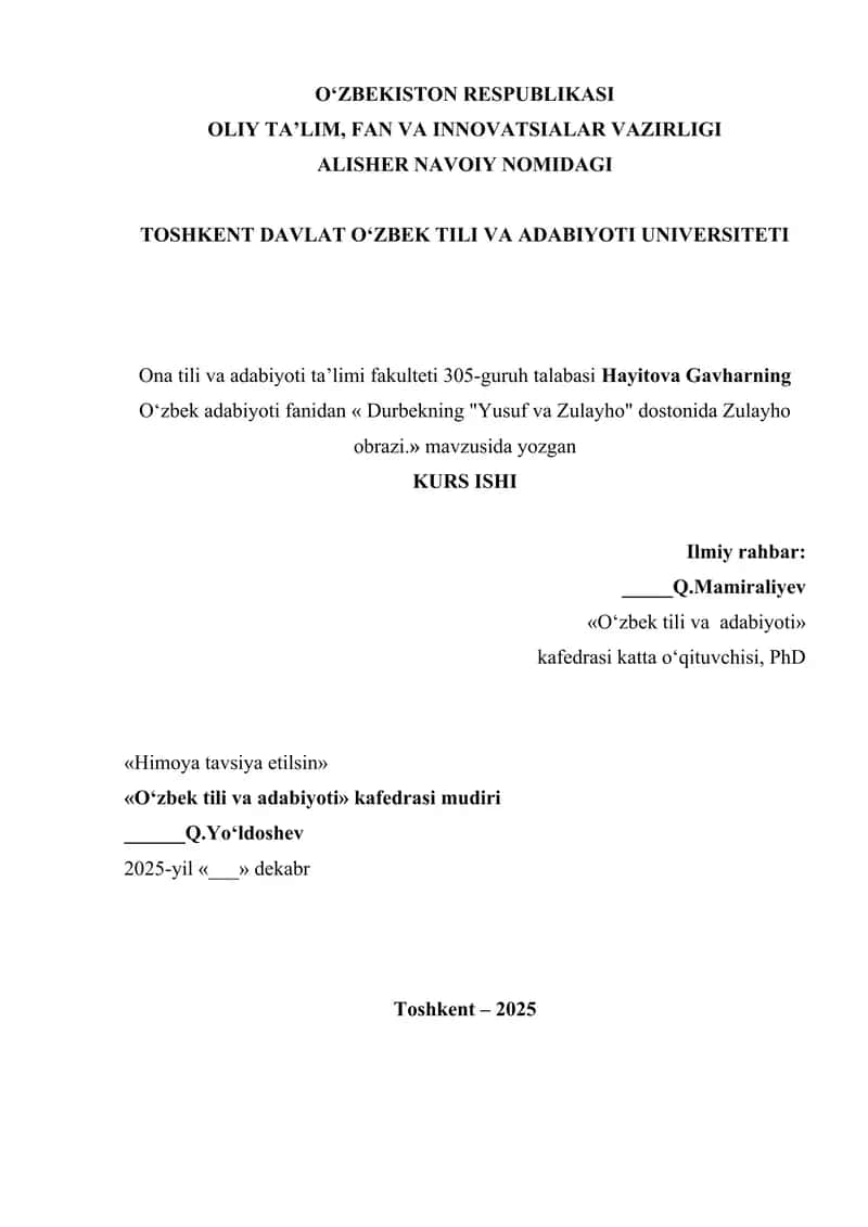 "Durbekning "Yusuf va Zulayho" dostonida Zulayho obrazi."