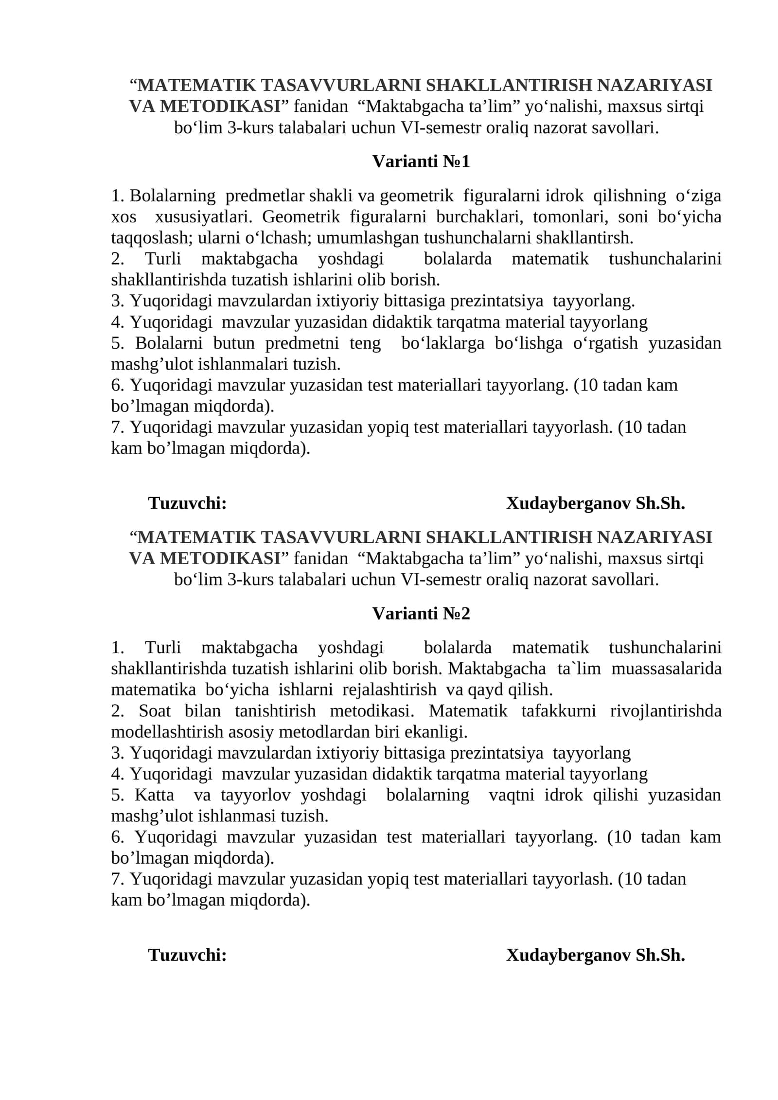 "MATEMATIK TASAVVURLARNI SHAKLLANTIRISH NAZARIYASI VA METODIKASI"