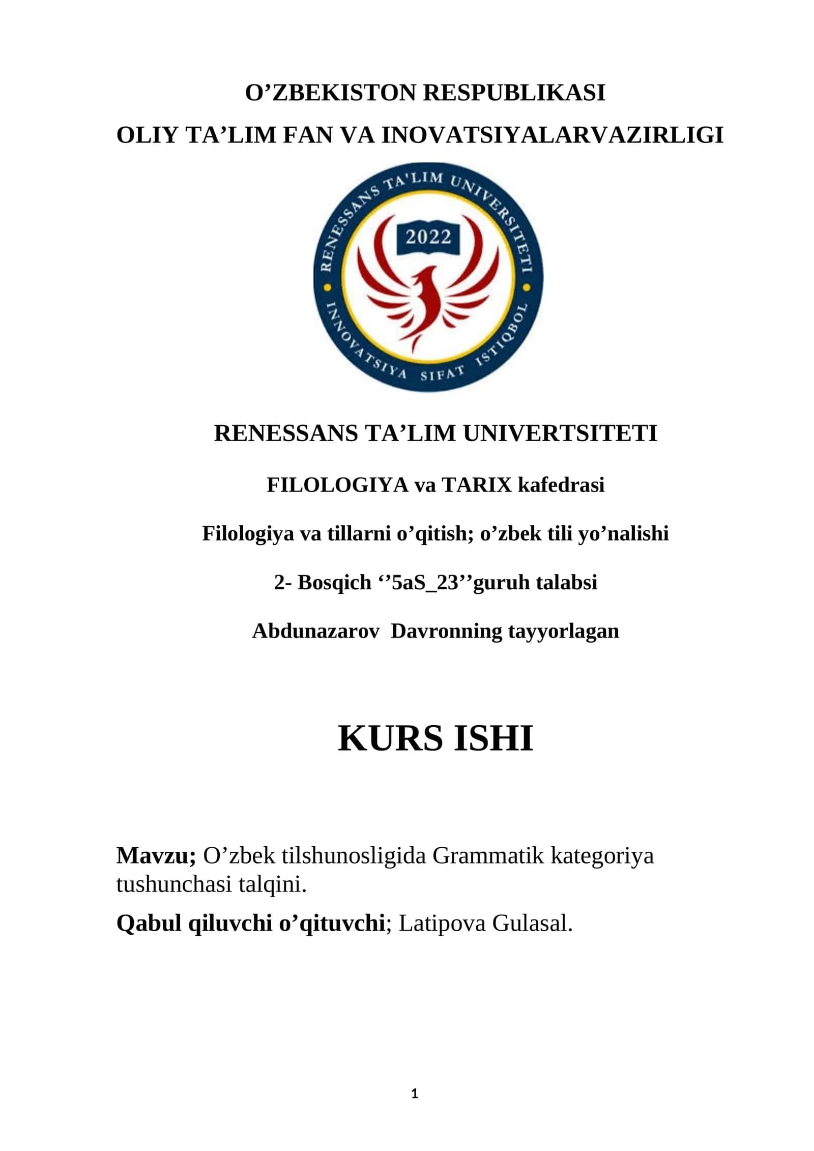 O’zbek tilshunosligida Grammatik kategoriya tushunchasi talqini