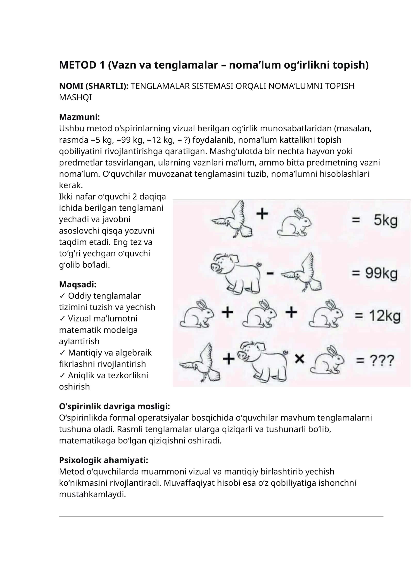 TENGLAMALAR SISTEMASI ORQALI NOMA’LUMNI TOPISH MASHQI