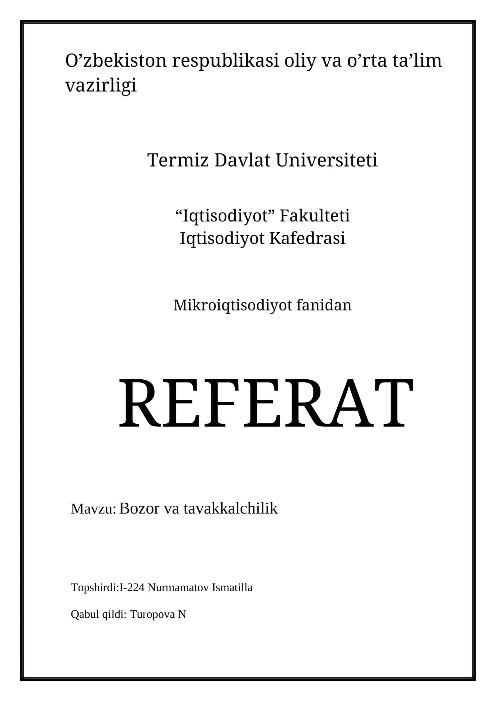 Bozor va tavakkalchilik