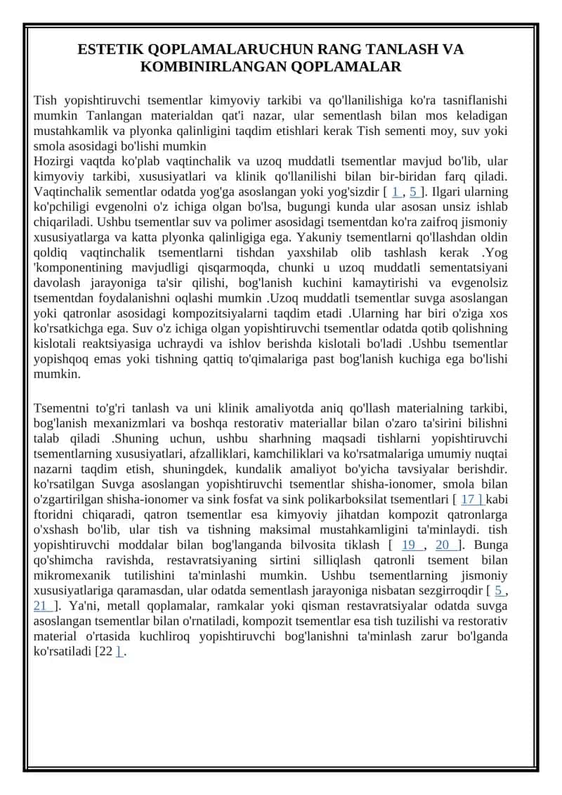 ESTETIK QOPLAMALARUCHUN RANG TANLASH VA KOMBINIRLANGAN QOPLAMALAR