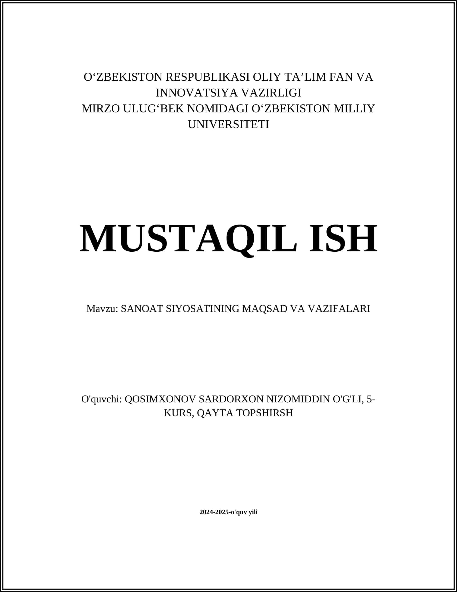 SANOAT SIYOSATINING MAQSAD VA VAZIFALARI