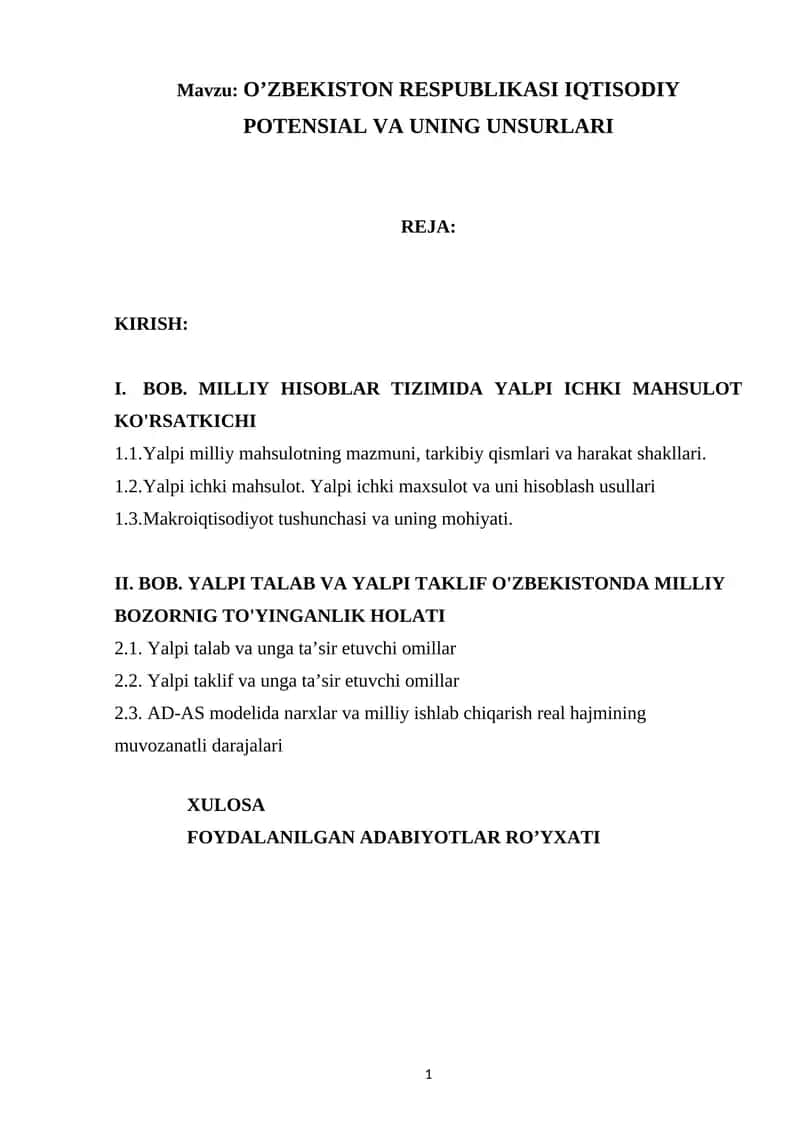 O'ZBEKISTON RESPUBLIKASI IQTISODIY POTENSIAL VA UNING UNSURLARI