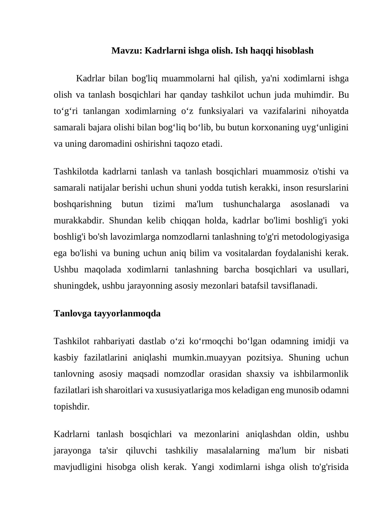 Kadrlarni ishga olish. Ish haqqi hisoblash