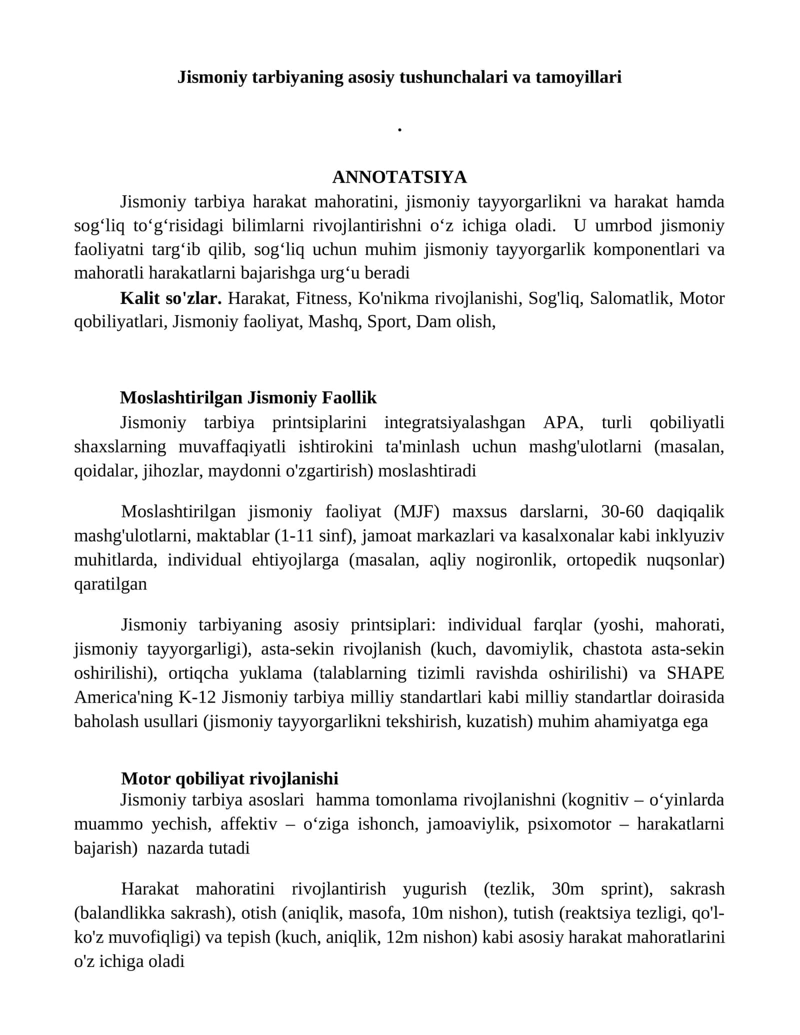 Jismoniy tarbiyaning asosiy tushunchalari va tamoyillari