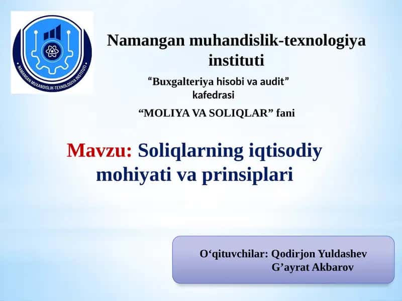 Soliqlarning iqtisodiy mohiyati va prinsiplari