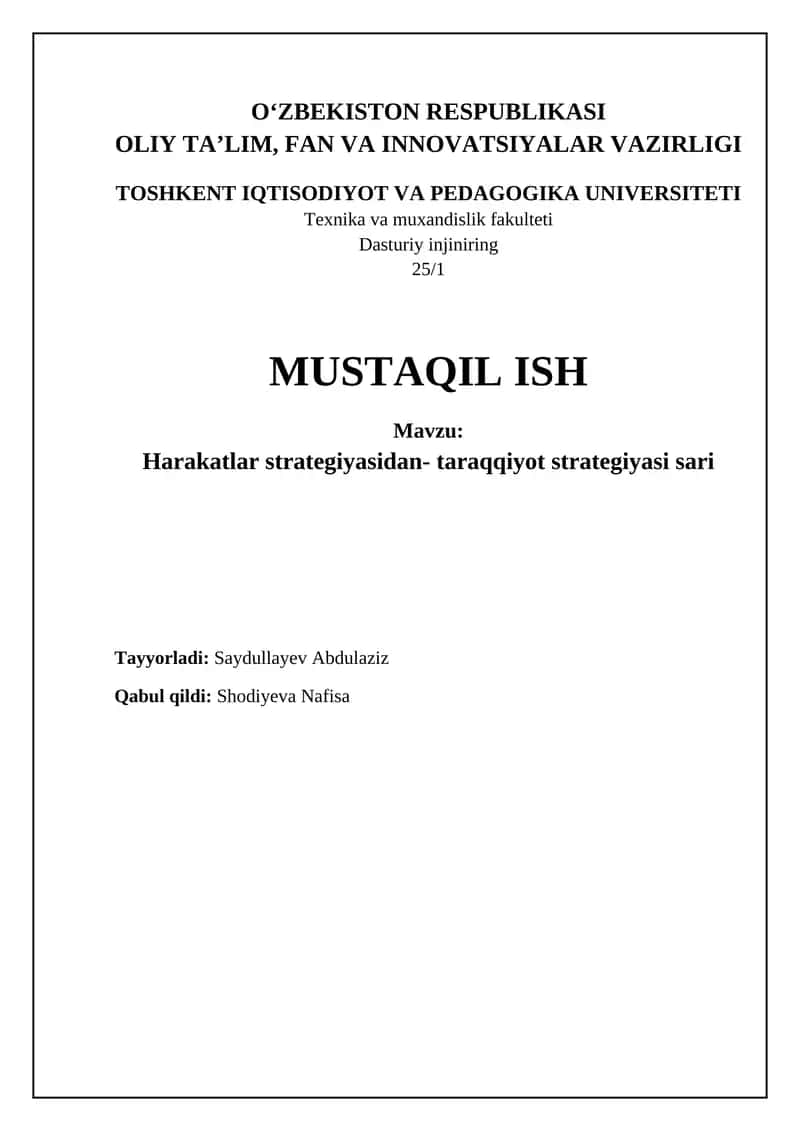Harakatlar strategiyasidan Rivojlanish strategiyasiga: Transformatsiya jarayoni