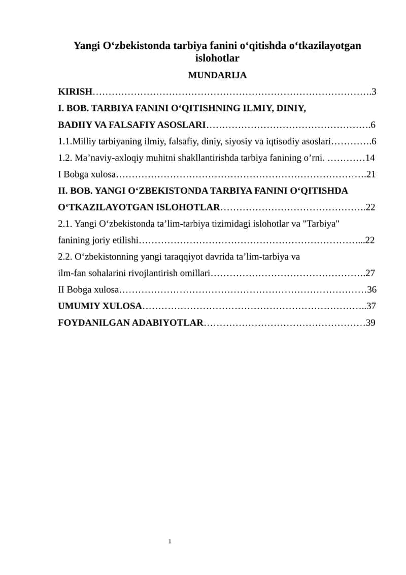 Yangi O'zbekistonda tarbiya fanini o'qitishda o'tkazilayotgan islohotlar