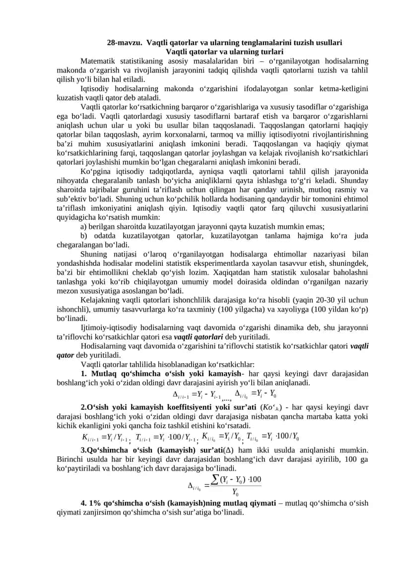Vaqtli qatorlar va ularning tenglamalarini tuzish usullari