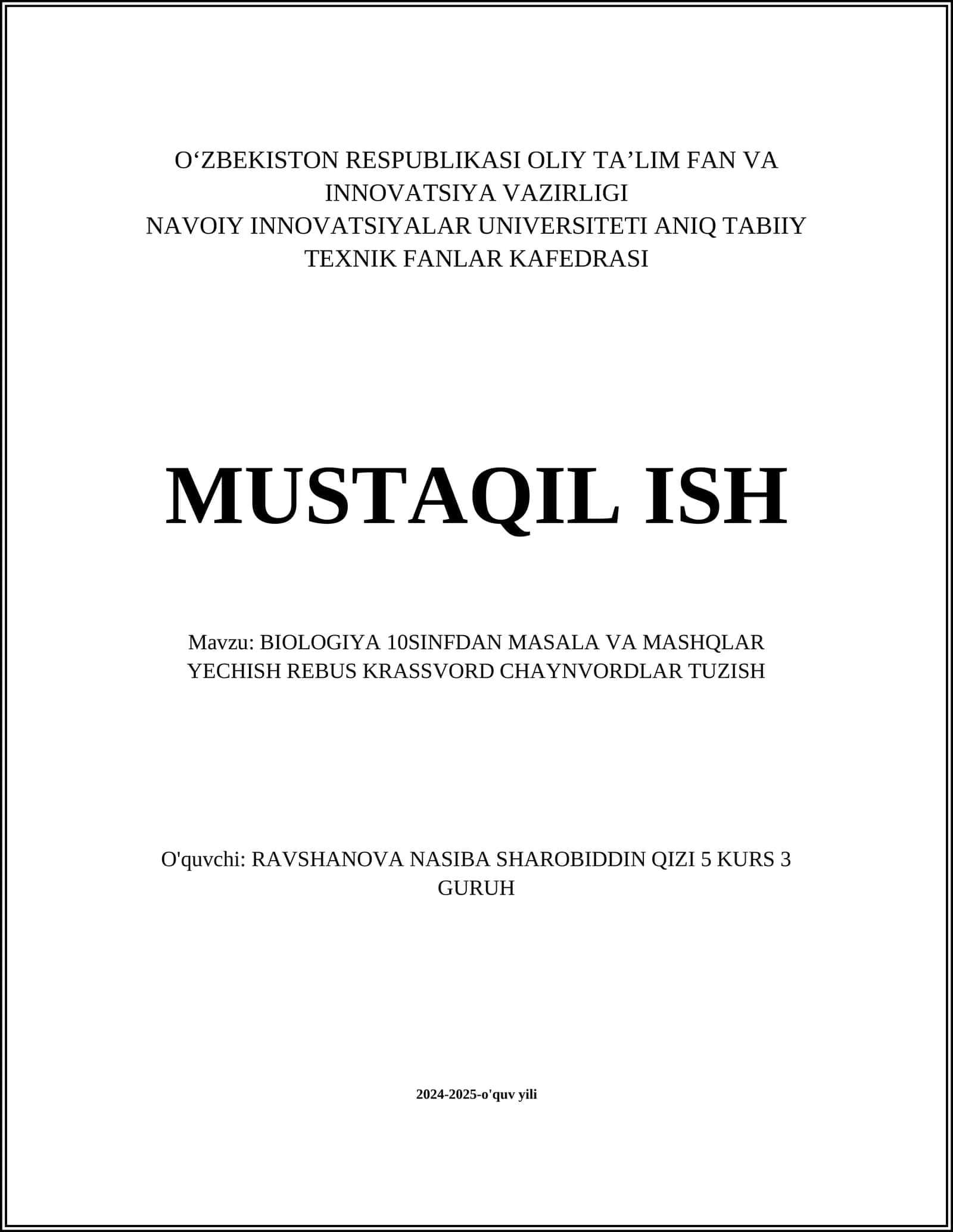 BIOLOGIYA 10SINFDAN MASALA VA MASHQLAR YECHISH REBUS KRASSVORD CHAYNVORDLAR TUZISH