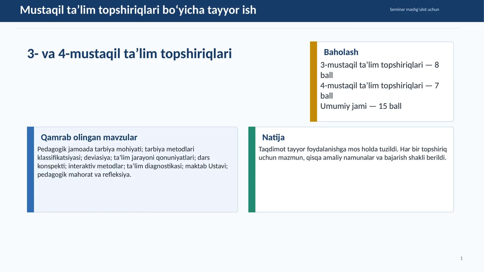 Mustaqil ta’lim topshiriqlari bo‘yicha tayyor ish