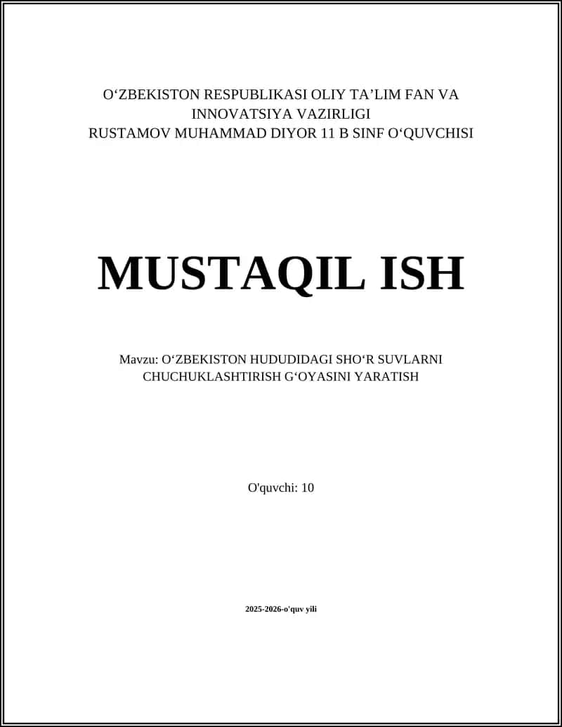 OʻZBEKISTON HUDUDIDAGI SHOʻR SUVLARNI CHUCHUKLASHTIRISH GʻOYASINI YARATISH
