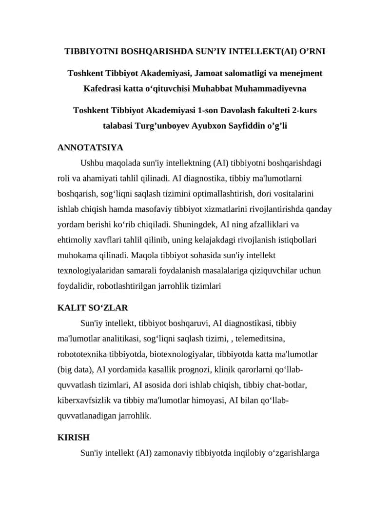 Sun'iy Intellekt Tibbiyotni Boshqarishda