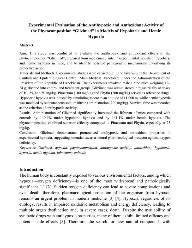 Hipobarik va gemik gipoksiya modellari sharoitida ‘Glizimed’ fitokompozitsiyasining antihipoksik va antioksidant faolligini tajribaviy baholash