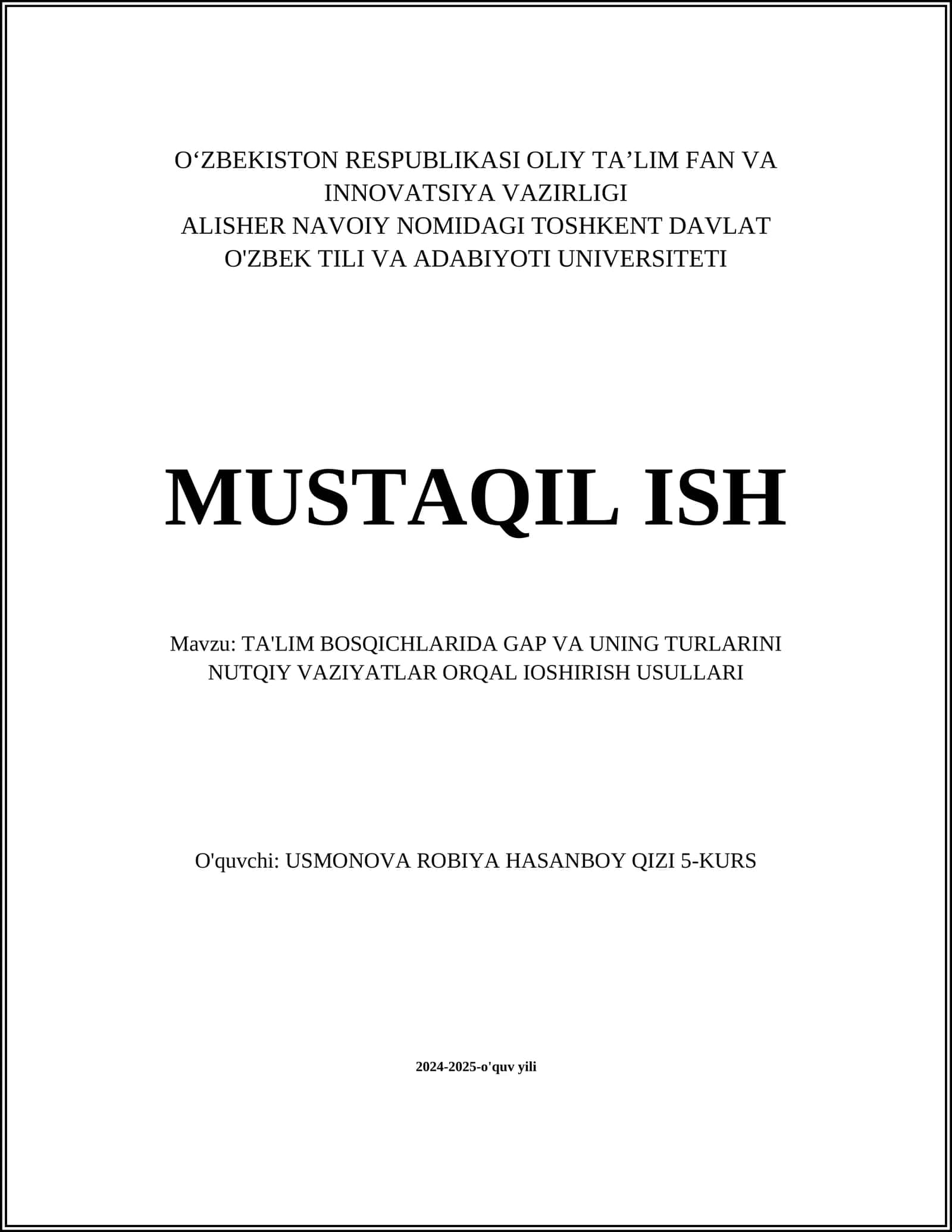 TA'LIM BOSQICHLARIDA GAP VA UNING TURLARINI NUTQIY VAZIYATLAR ORQAL IOSHIRISH USULLARI