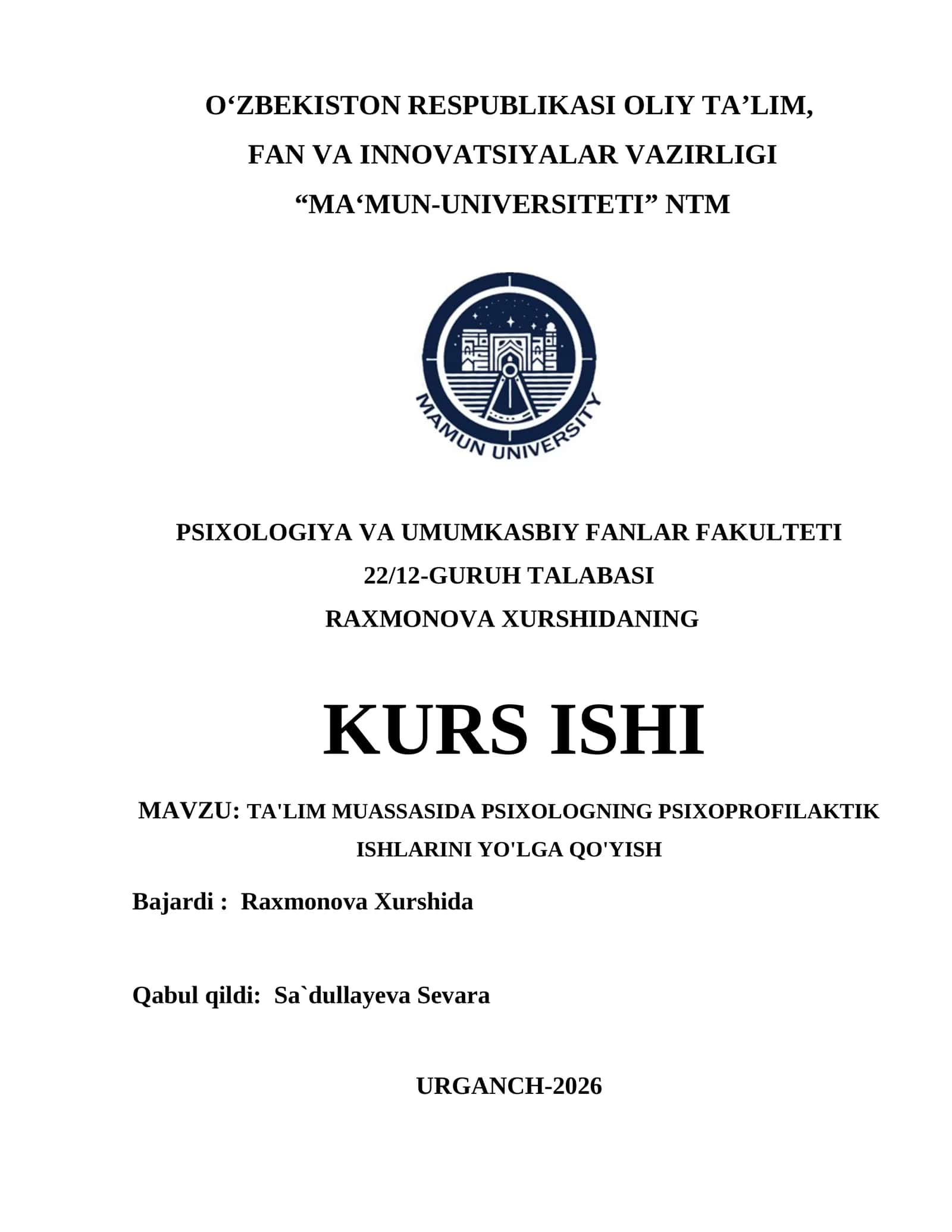TA'LIM MUASSASIDA PSIXOLOGNING PSIXOPROFILAKTIK ISHLARINI YO'LGA QO'YISH