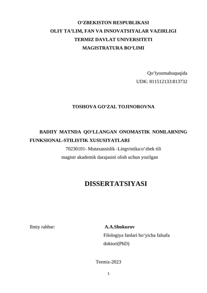 Badiiy Matnda Qo‘llangan Onomastik Nomlarning Funksional-Stilistik Xususiyatlar