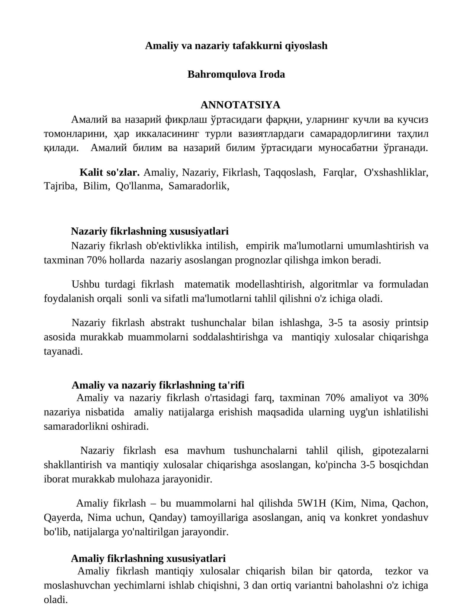 Amaliy va nazariy tafakkurni qiyoslash