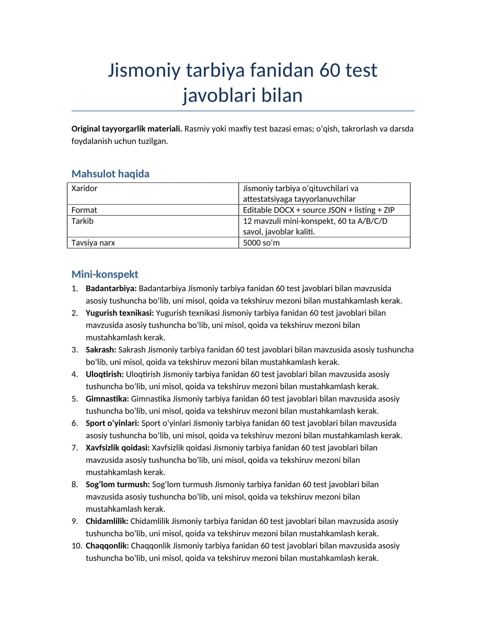 Jismoniy tarbiya fanidan 60 test javoblari bilan