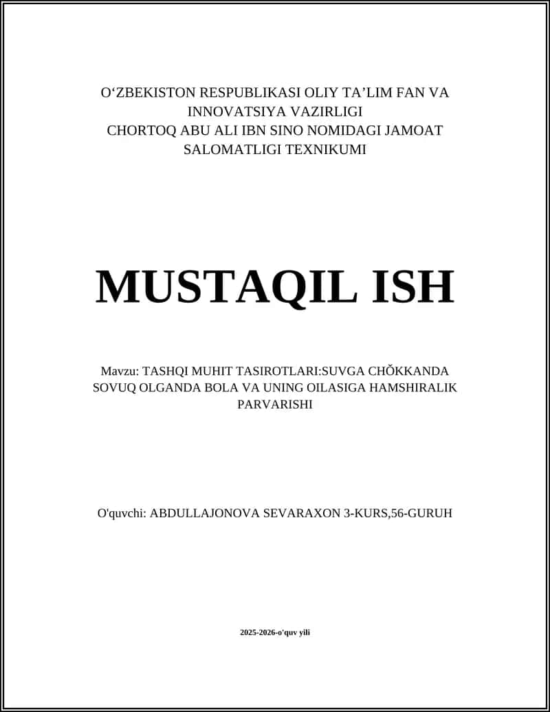 Suvga cho'kkanida hamshiralik birinchi yordam usullari