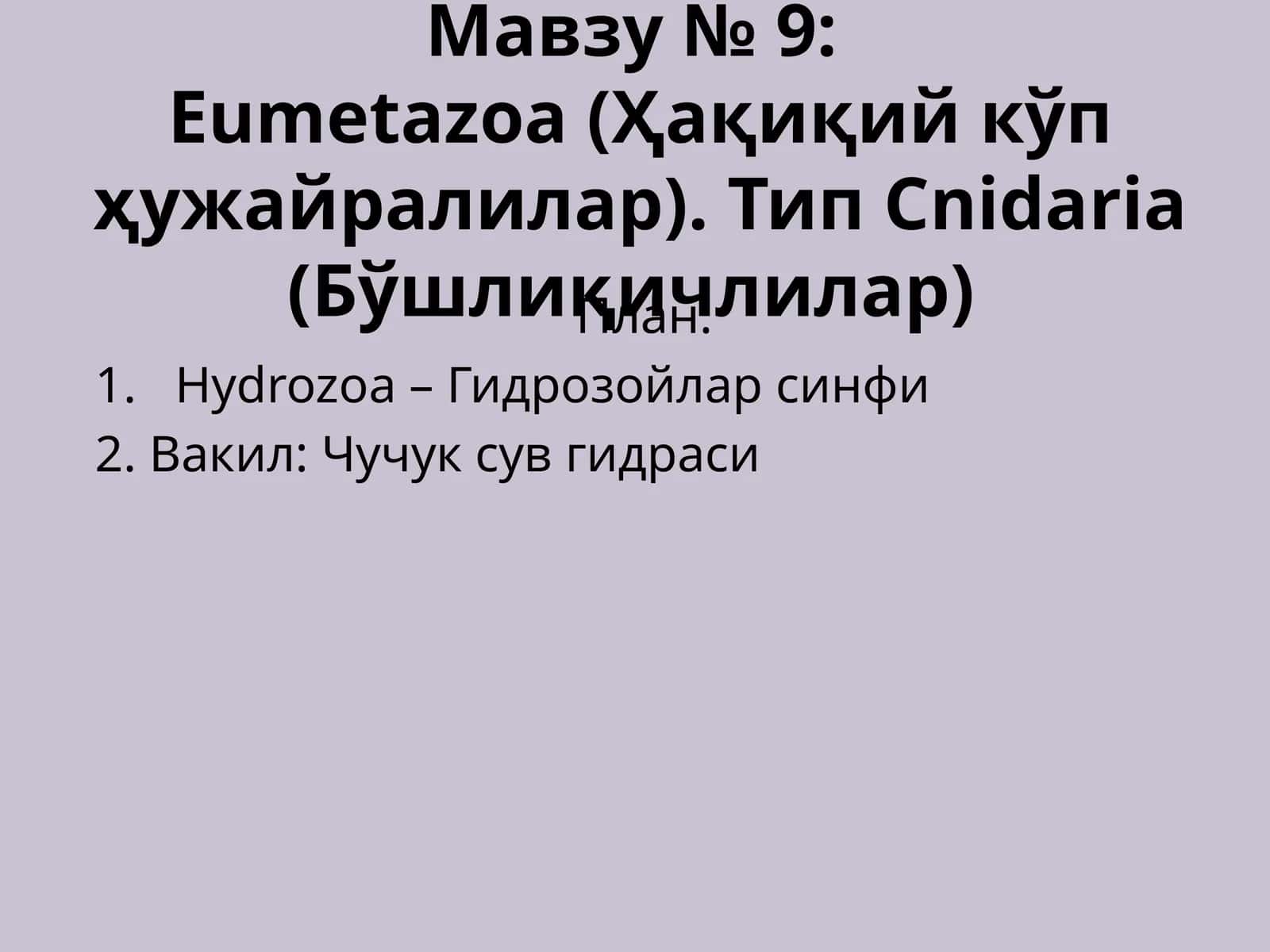 Eumetazoa (Ҳақиқий кўп ҳужайралилар). Тип Cnidaria (Бўшлиқичлилар)