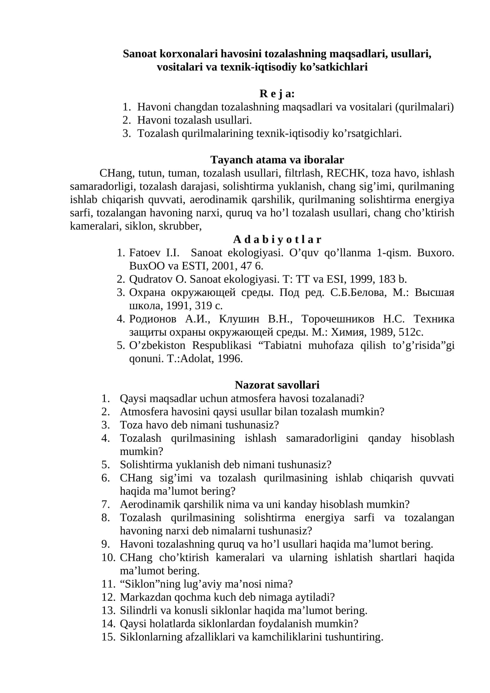 Havoni changdan tozalashning maqsadlari va vositalari (qurilmalari)
