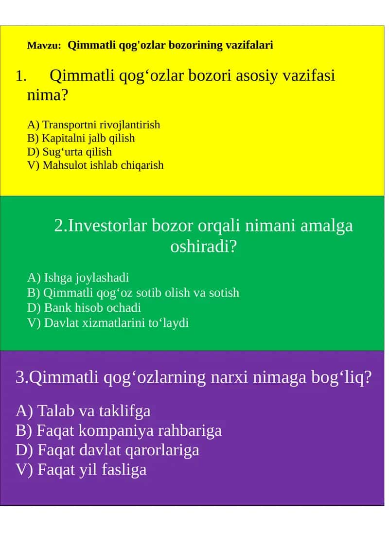 Qimmatli qog'ozlar bozorining vazifalari
