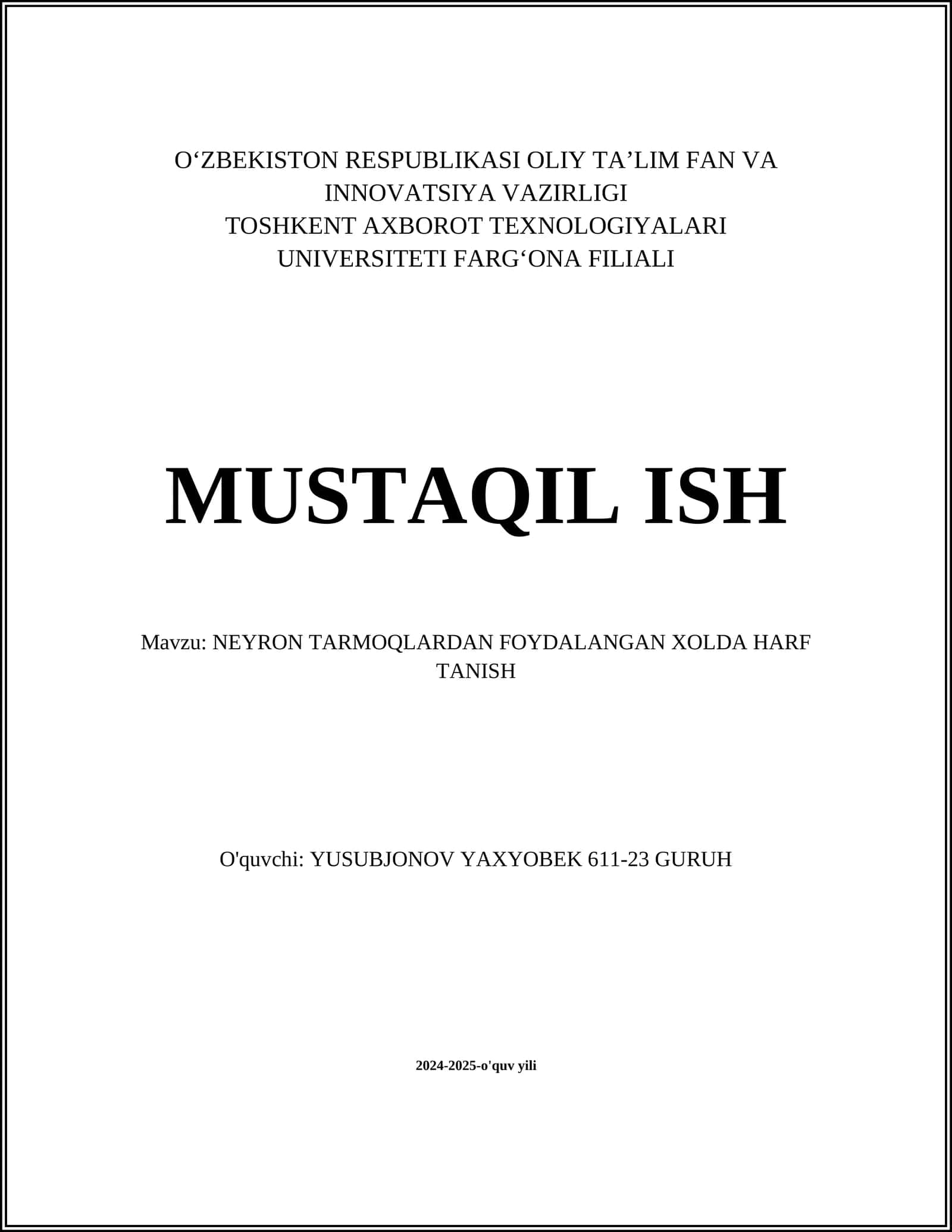 NEYRON TARMOQLARDAN FOYDALANGAN XOLDA HARF TANISH