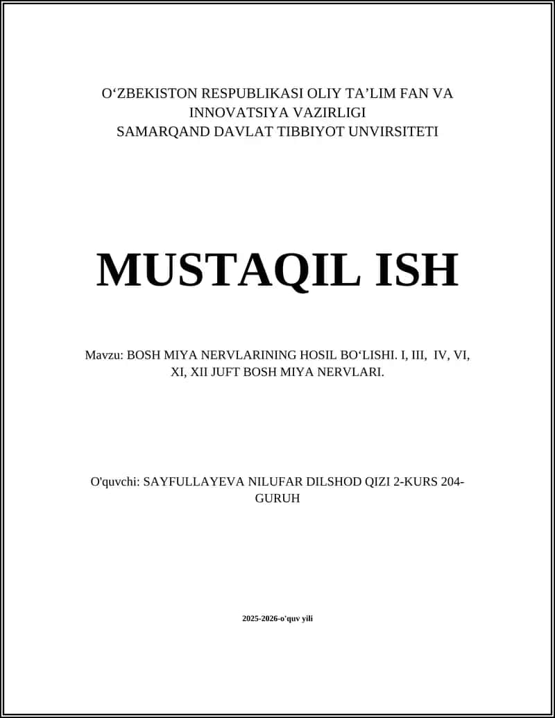 BOSH MIYA NERVLARINING HOSIL BO‘LISHI