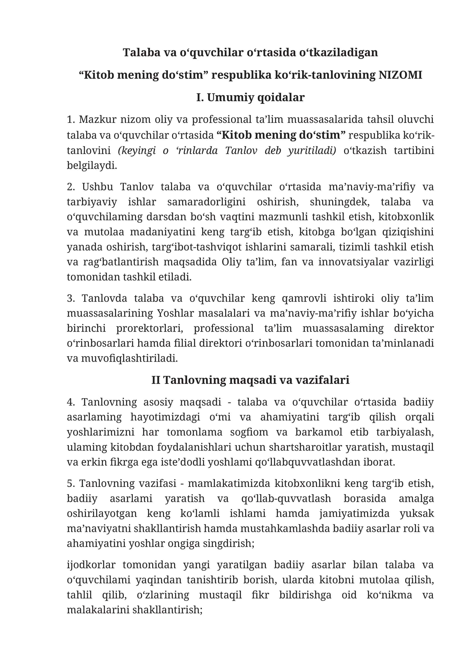 "Kitob mening do‘stim" nizomi