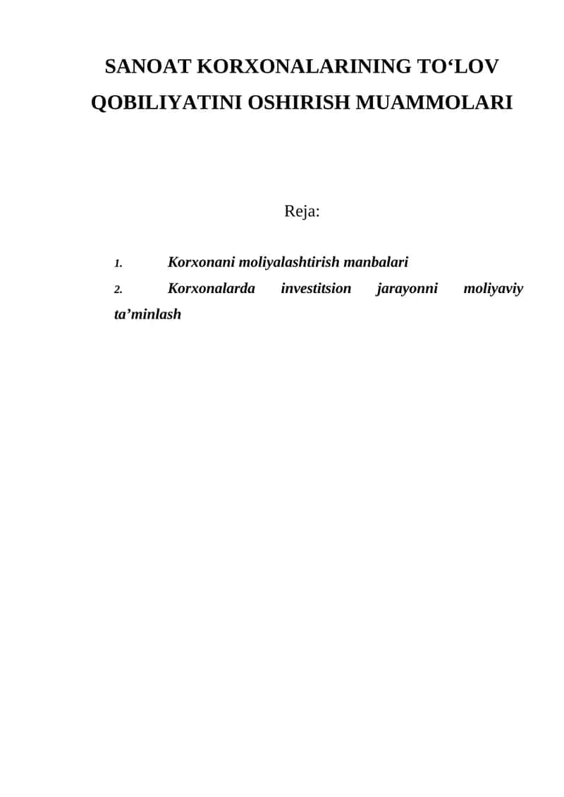 Korxonani moliyalashtirish manbalari