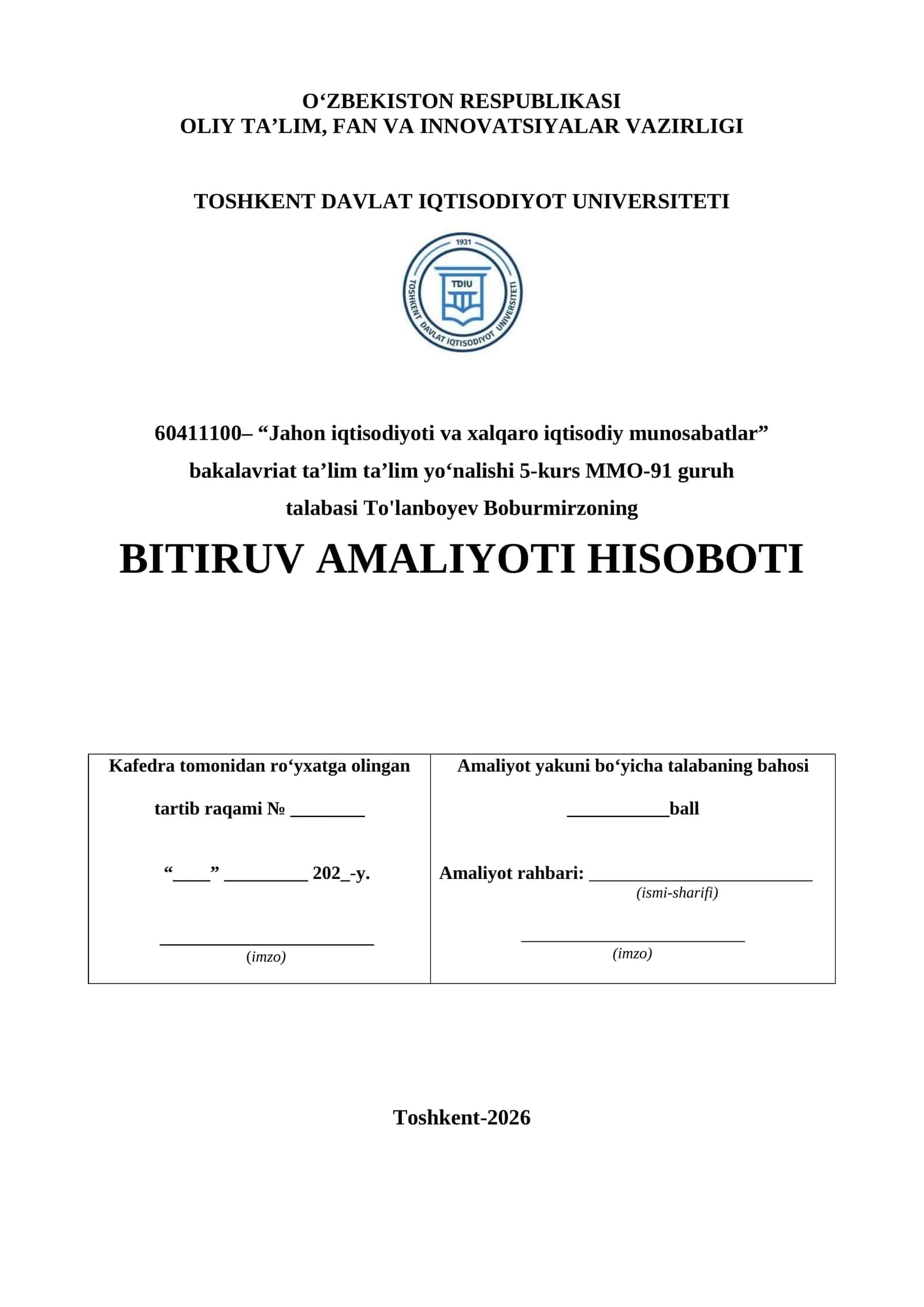 AXBOROT AGENTLIGI FAOLIYATI BOʻYICHA BITIRUV AMALIYOTI HISOBOTI