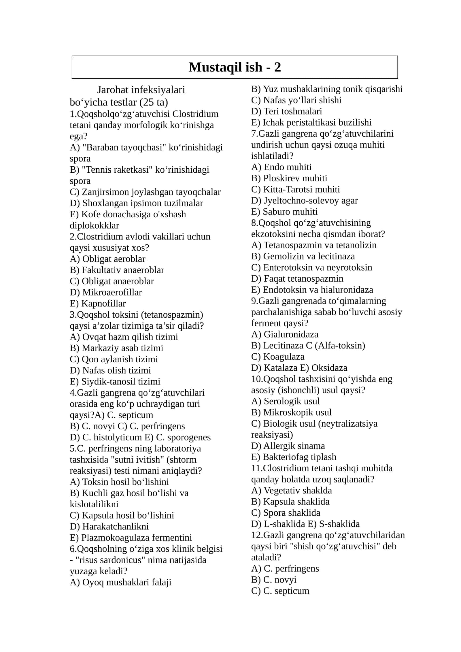 Jarohat infeksiyalari bo‘yicha testlar (25 ta)