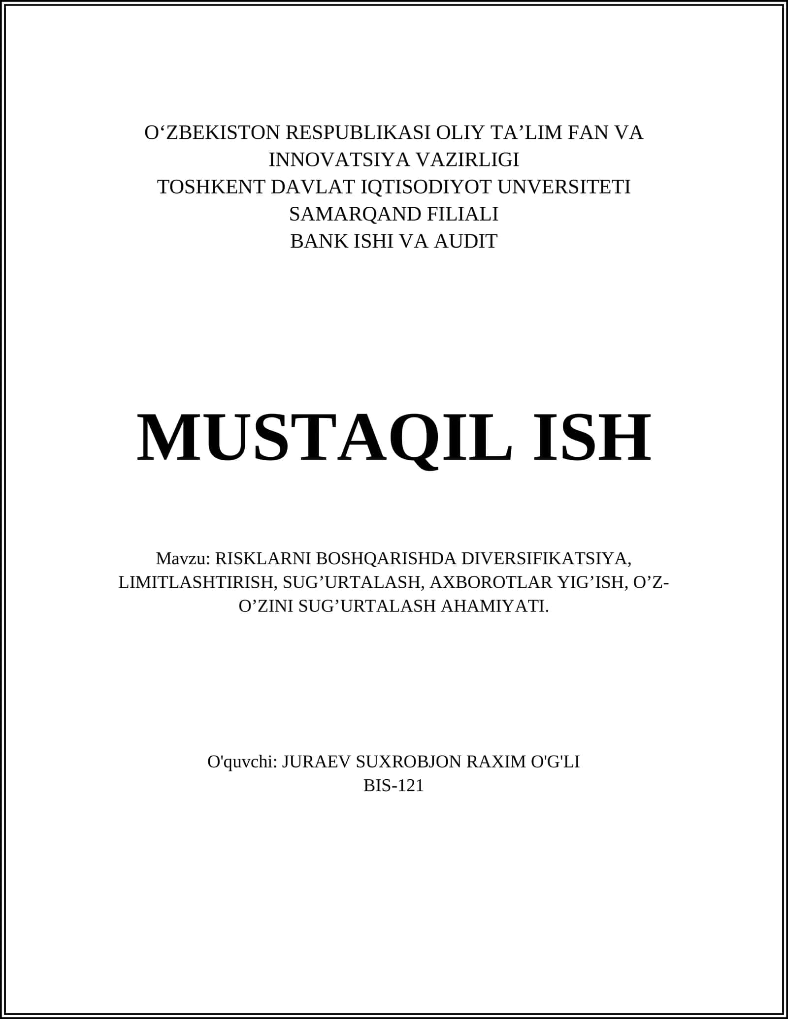 RISKLARNI BOSHQARISHDA DIVERSIFIKATSIYA