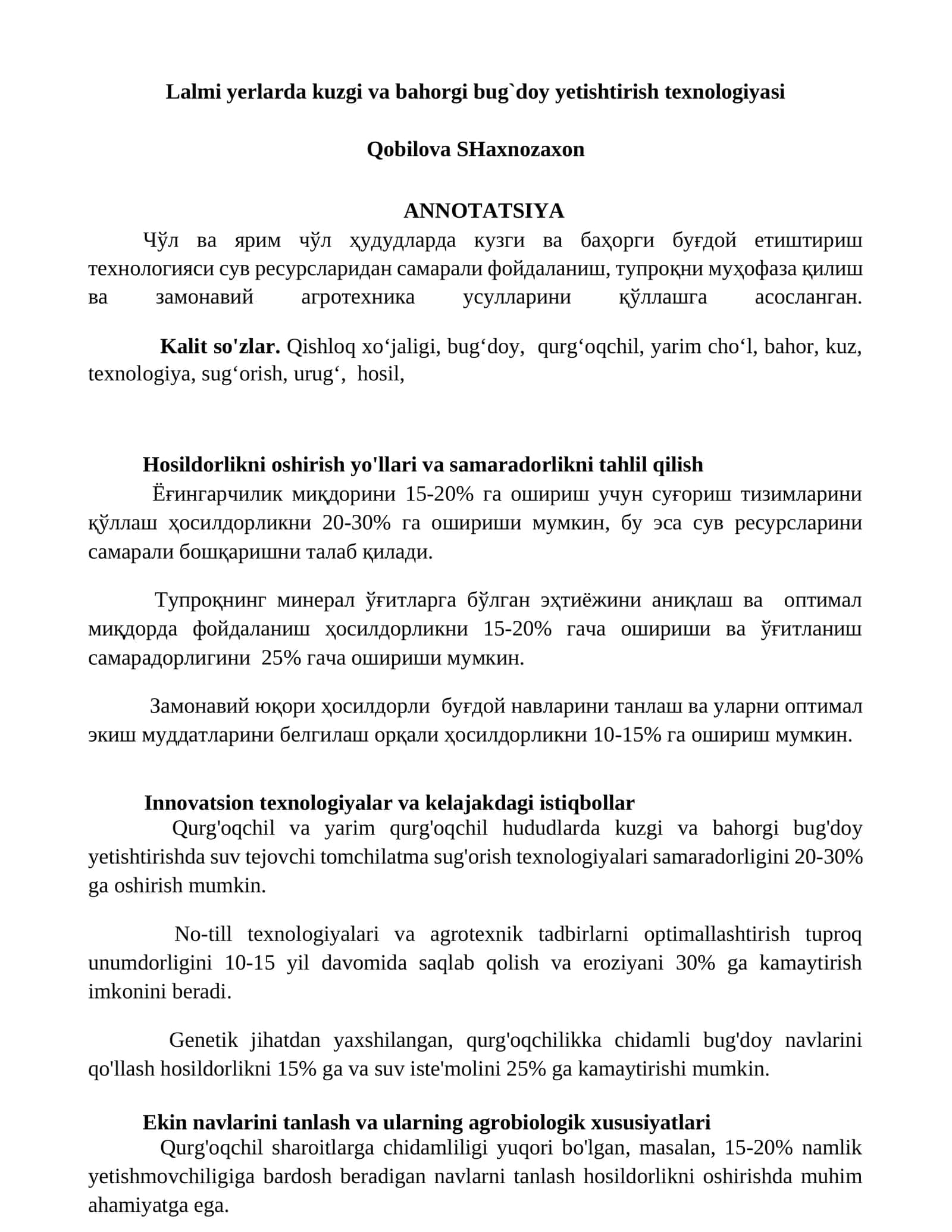 Lalmi yerlarda kuzgi va bahorgi bug`doy yetishtirish texnologiyasi