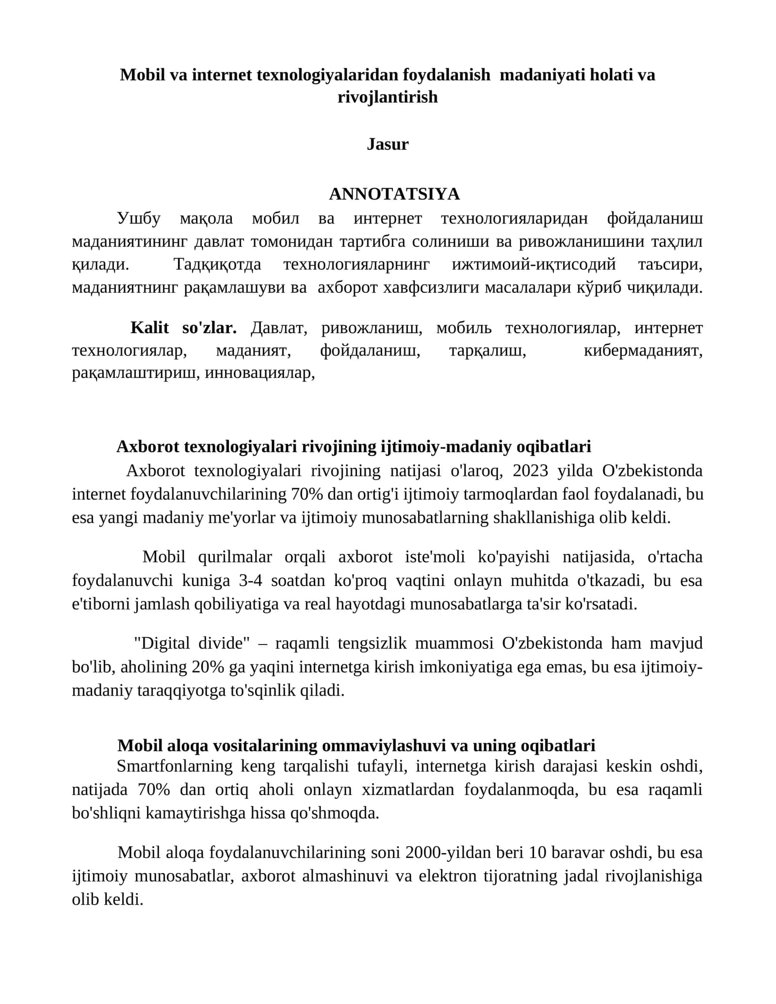 Axborot texnologiyalari rivojining ijtimoiy-madaniy oqibatlari