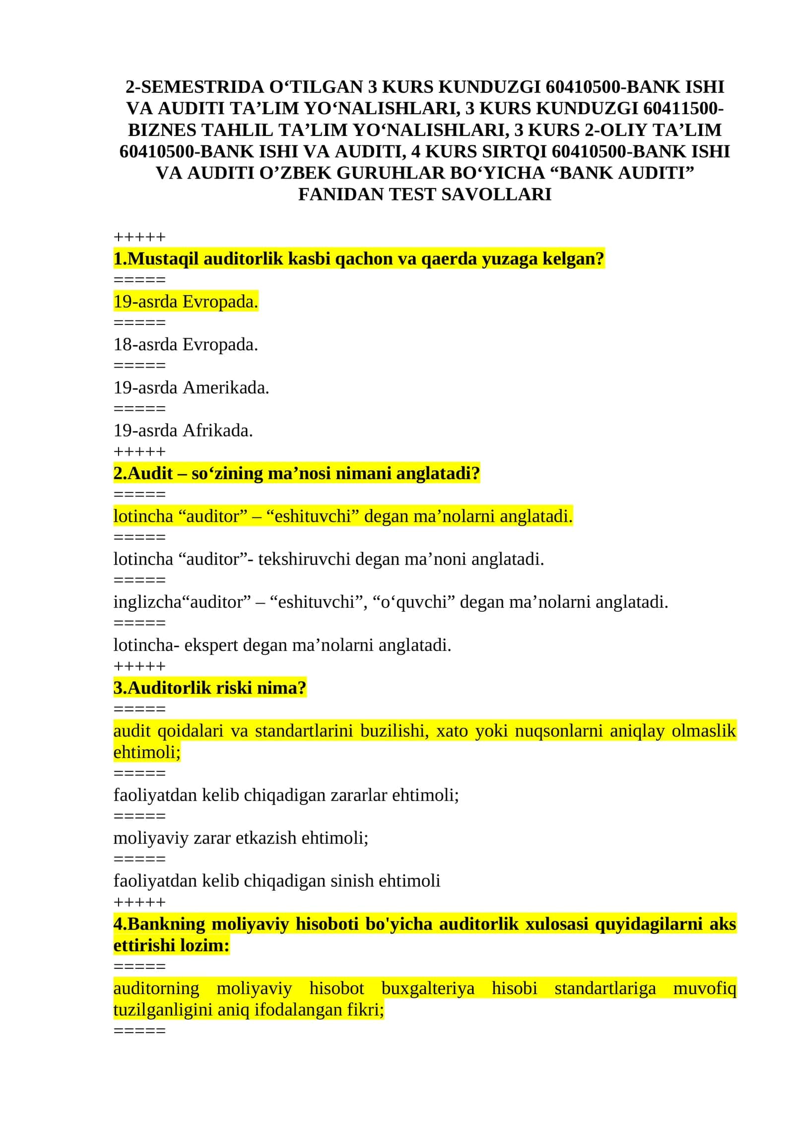 Bank auditi yakuniy test 2025/2026