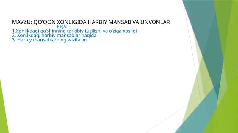QO’QON XONLIGIDA HARBIY MANSAB VA UNVONLAR