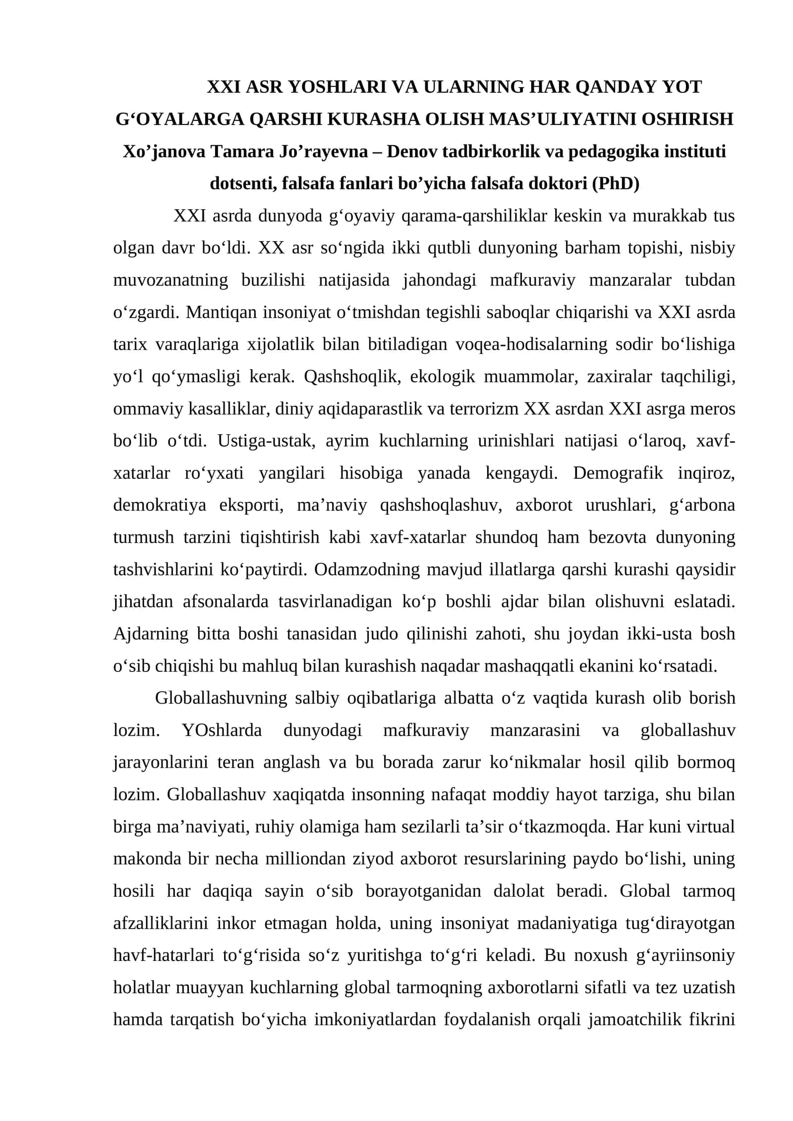 XXI ASR YOSHLARI VA ULARNING HAR QANDAY YOT G‘OYALARGA QARSHI KURASHA OLISH MAS’ULIYATINI OSHIRISH