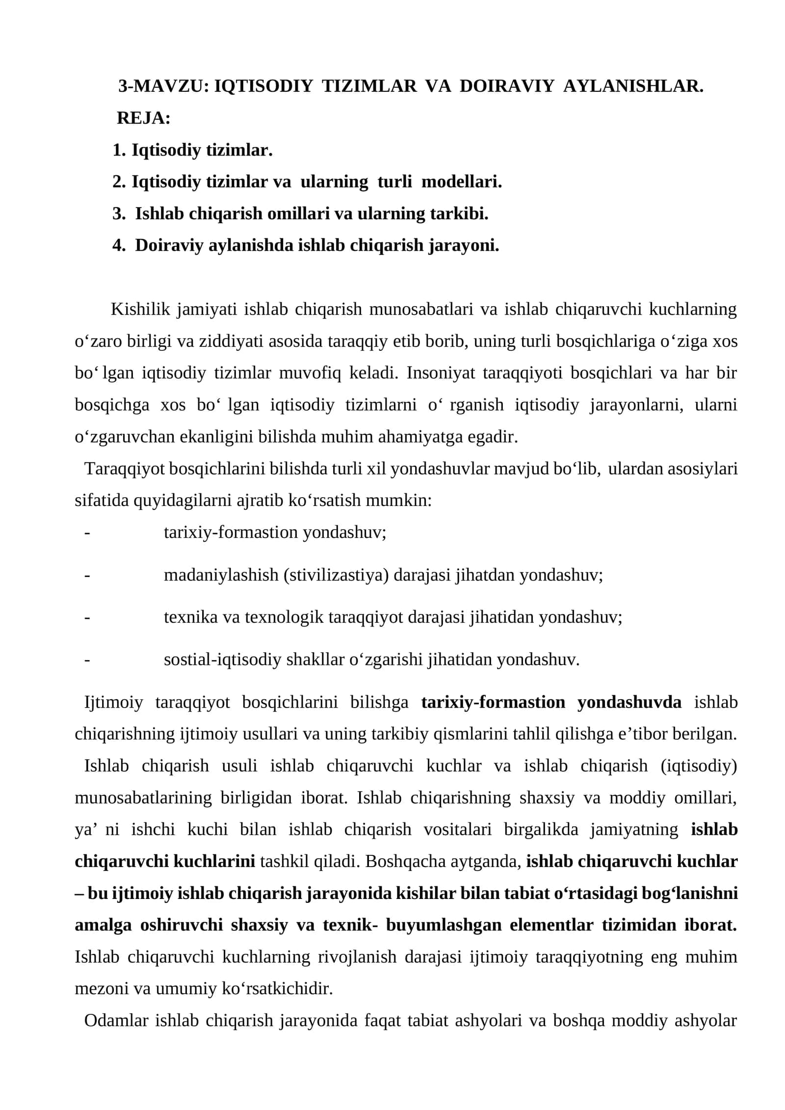 IQTISODIY TIZIMLAR VA DOIRAVIY AYLANISHLAR