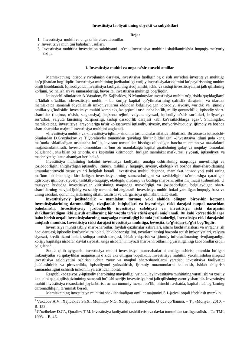 Investitsiya faoliyati uning obyekti va subyektlari