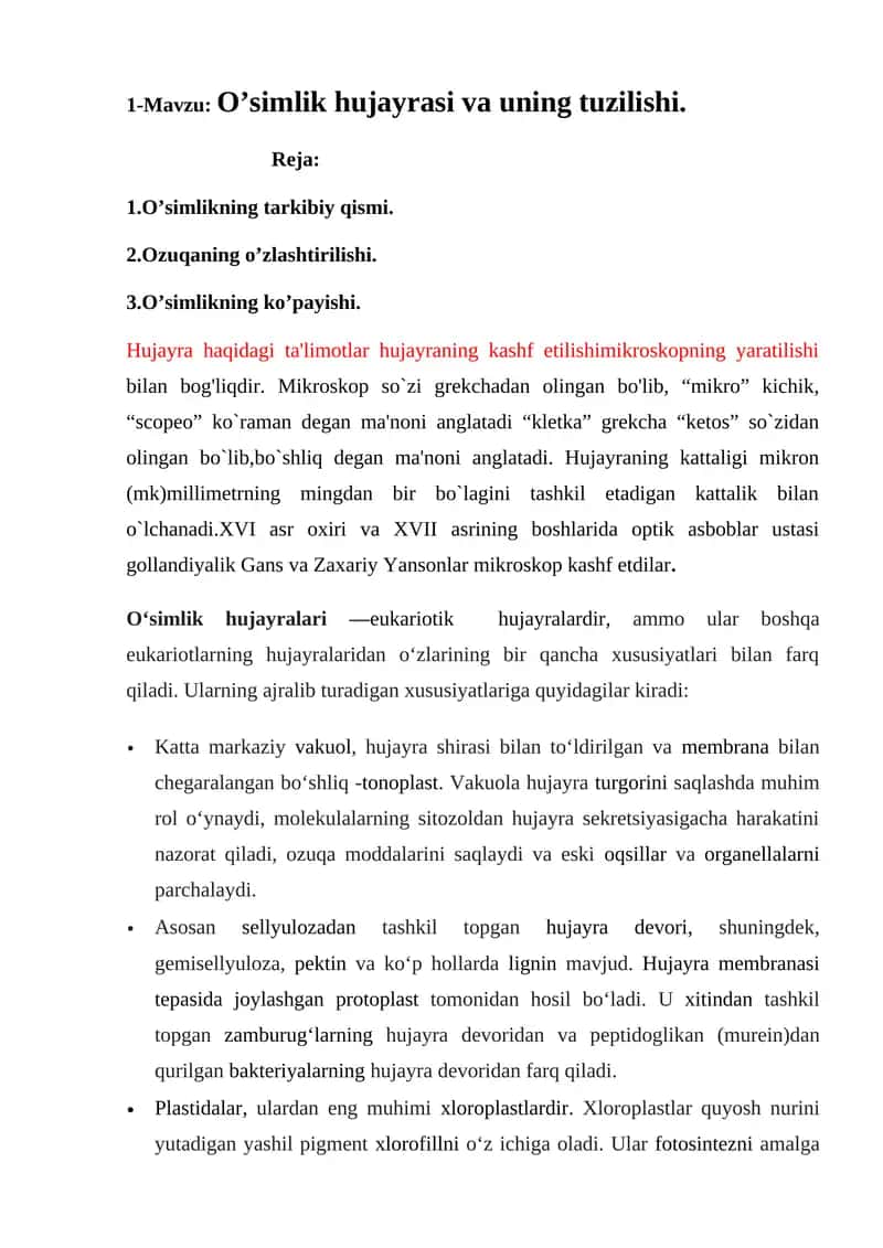 O’simlik hujayrasi va uning tuzilishi
