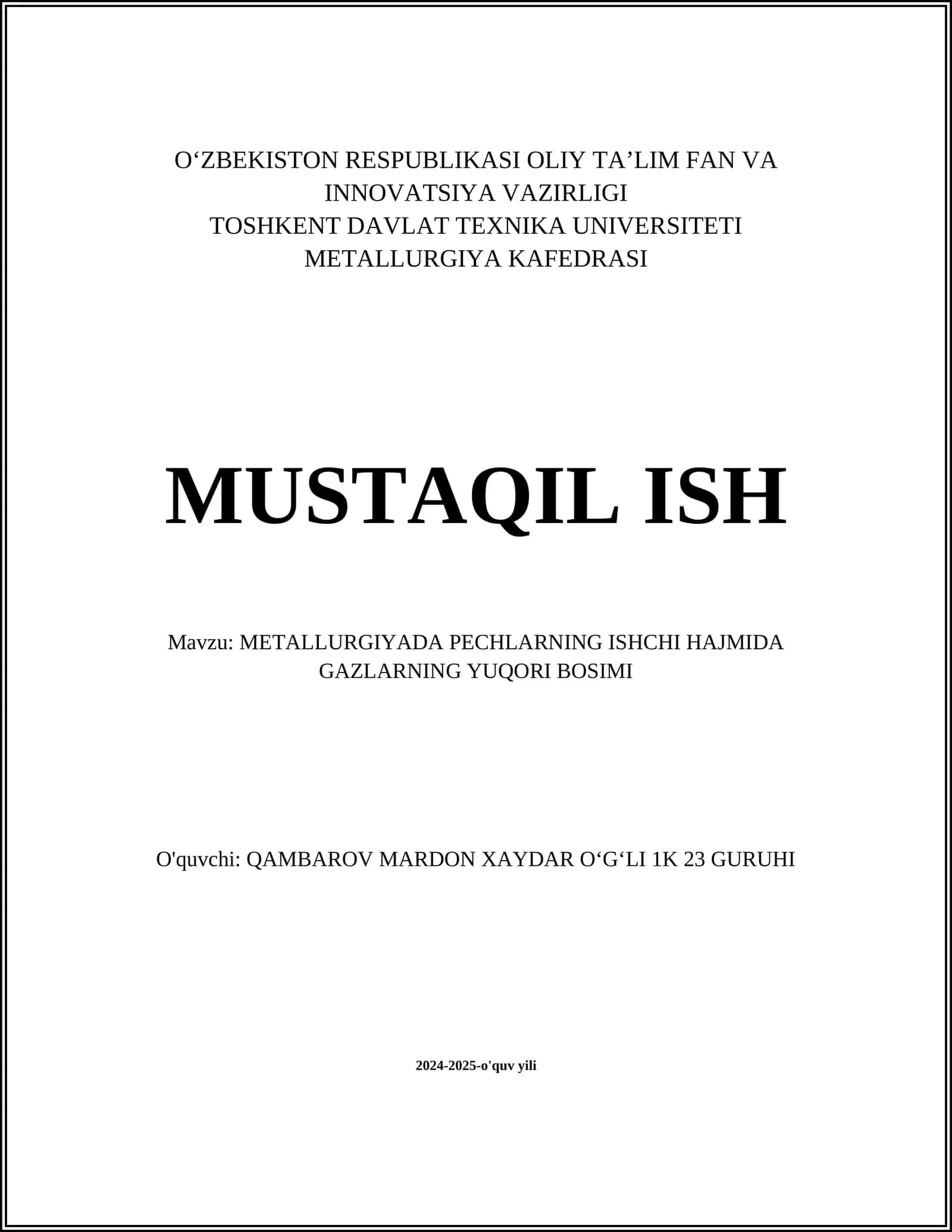METALLURGIYADA PECHLARNING ISHCHI HAJMIDA GAZLARNING YUQORI BOSIMI