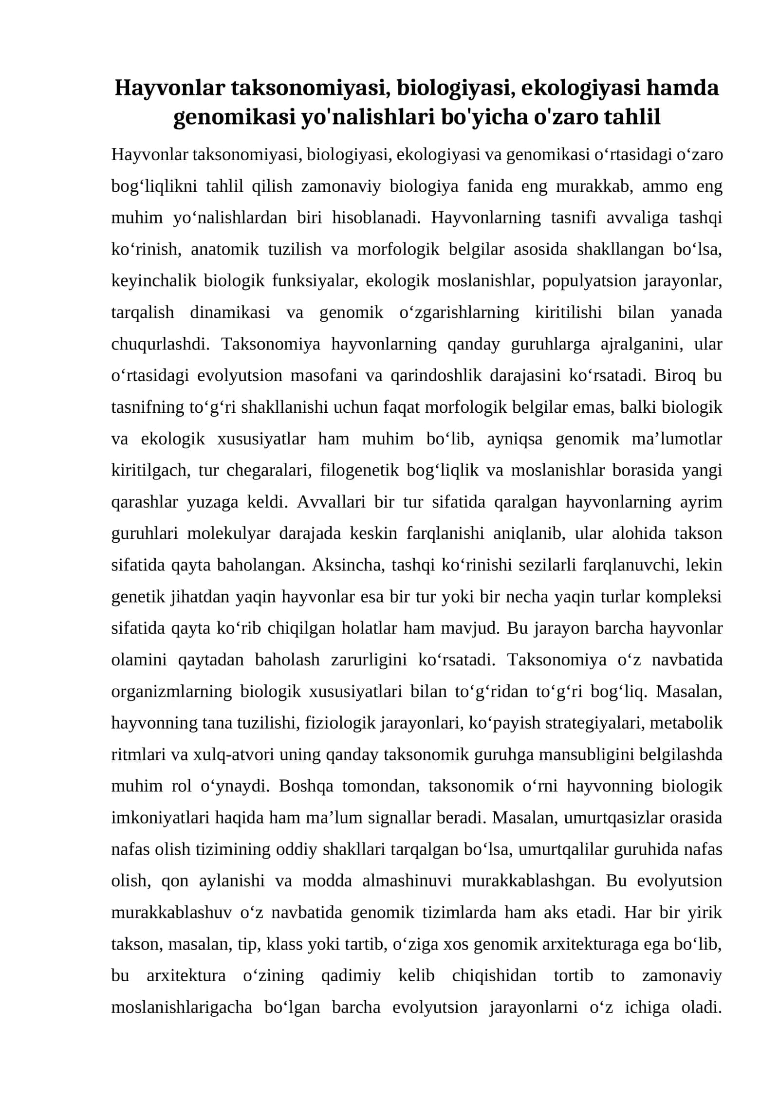 Hayvonlar taksonomiyasi, biologiyasi, ekologiyasi hamda genomikasi yo'nalishlari bo'yicha o'zaro tahlil