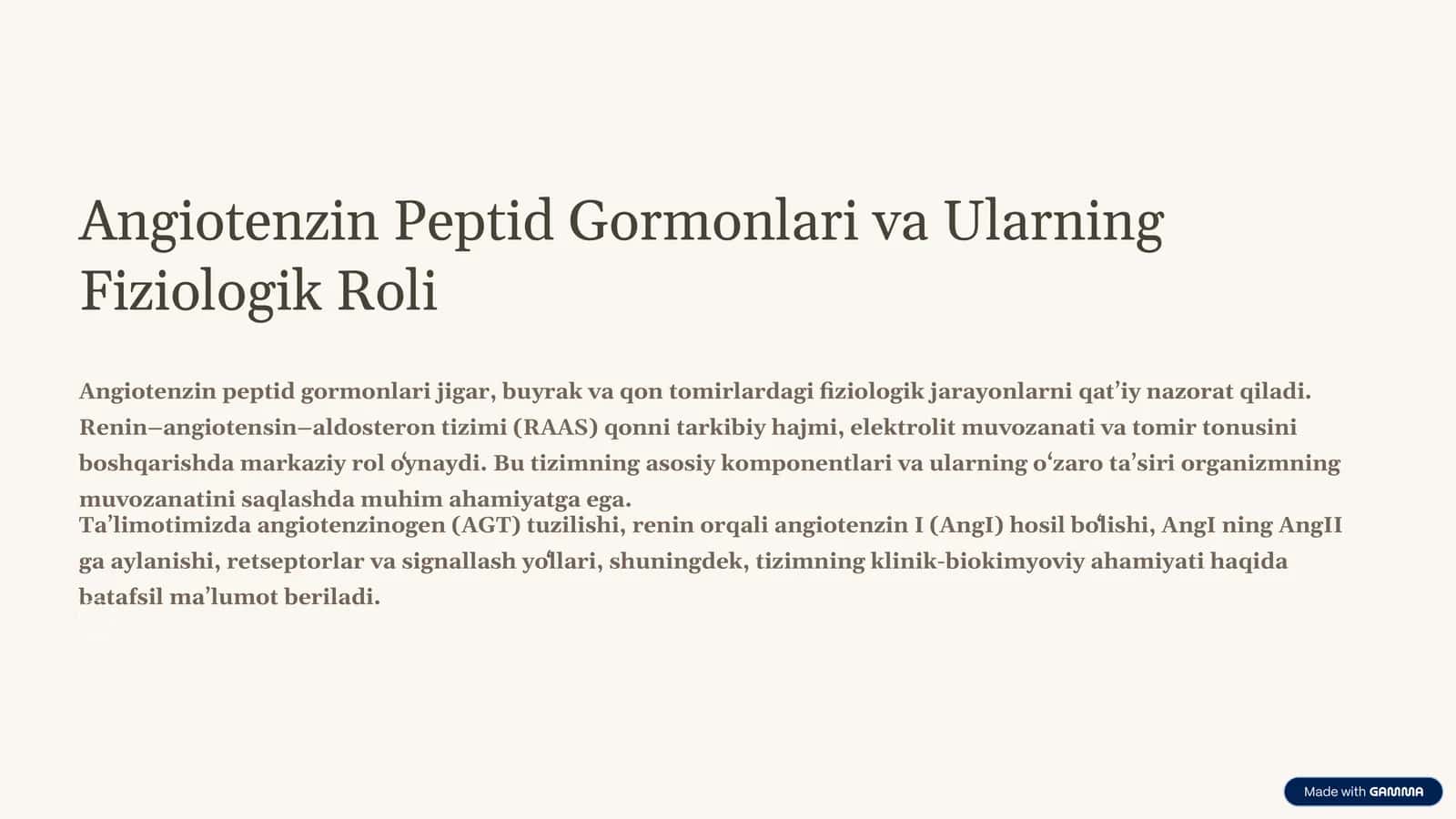 Angiotenzin Peptid Gormonlari va Ularning Fiziologik Roli