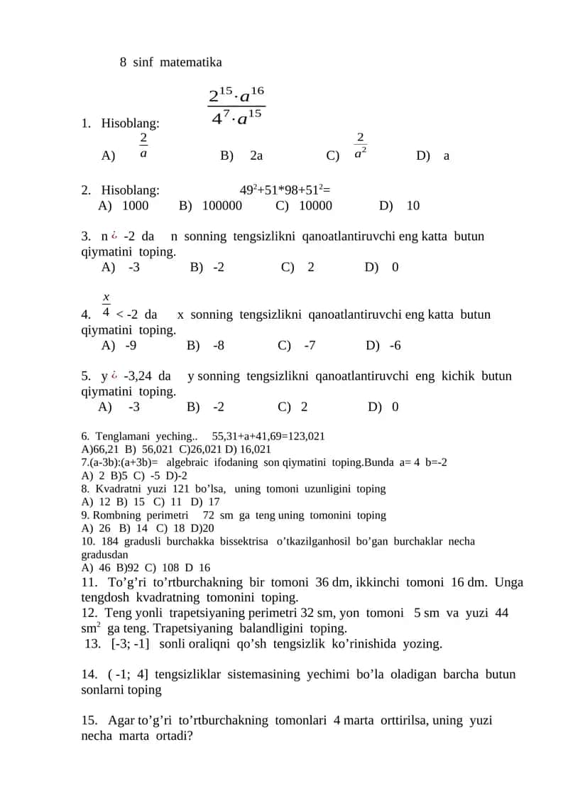 8 sinf matematika