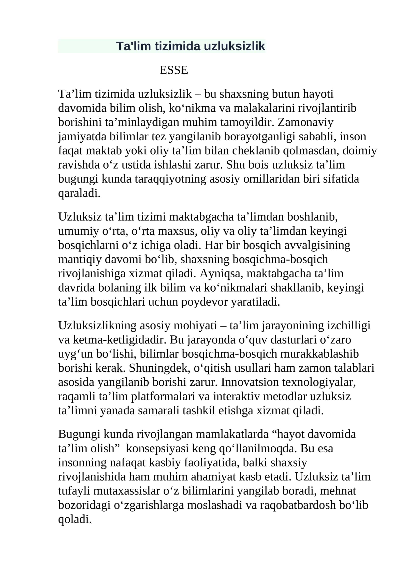 Ta'lim tizimida uzluksizlik