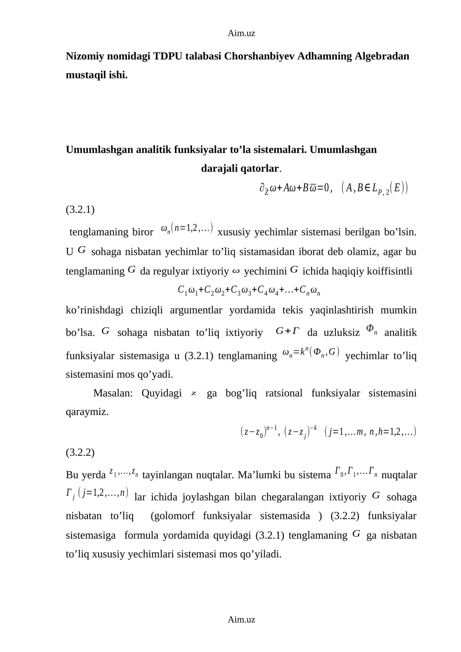 Umumlashgan analitik funksiyalar to’la sistemalari